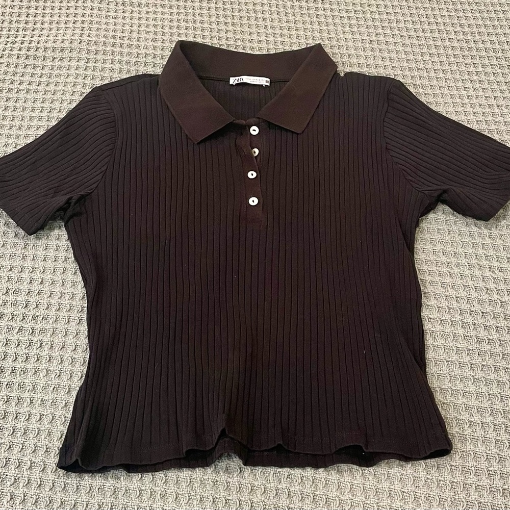 Zara Women's Black Ribbed Polo Shirt